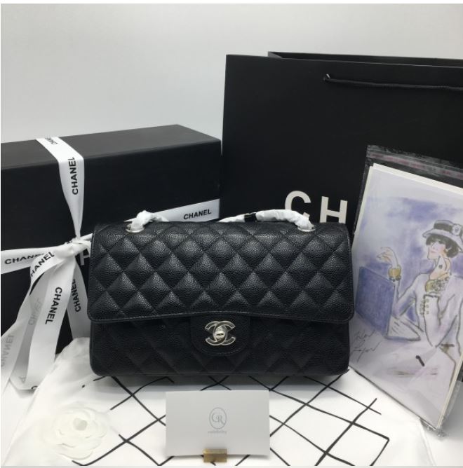 샤넬 클래식 미디움 캐비어 블랙 은장